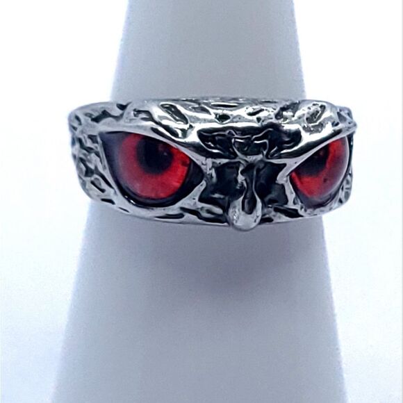 Red Eye Owl Ring Silver Stainless Steel 3D Unisex Adjustable Jewelry Tribal - Picture 4 of 7